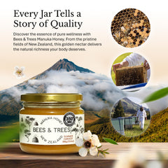 Bees & Trees Manuka Honey 350+ MGO spoon close-up highlights smooth texture.