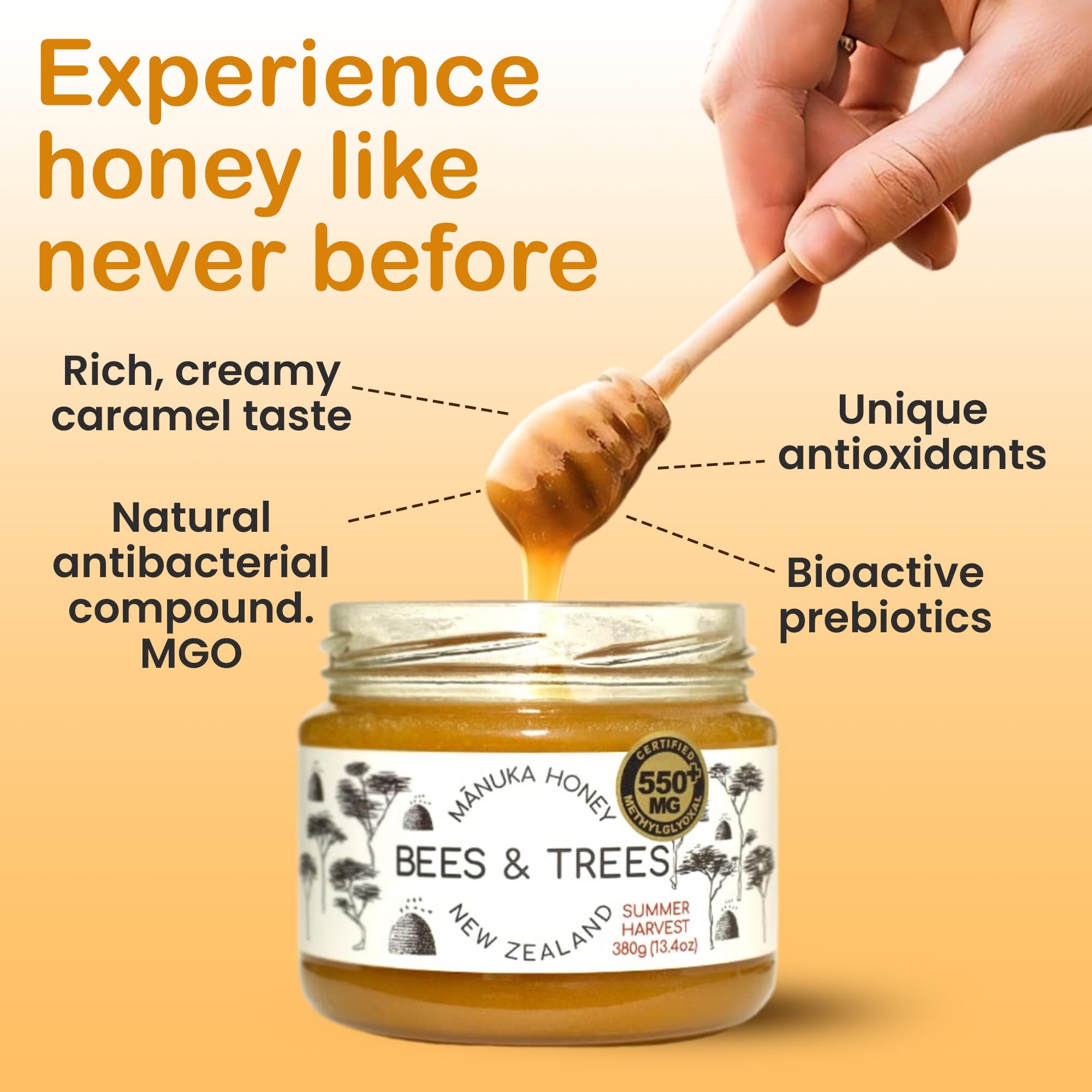 Bees & Trees Manuka honey drizzle over dressings for depth.