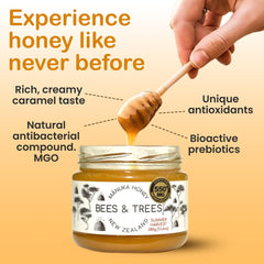 Bees & Trees Manuka honey drizzle over dressings for depth.