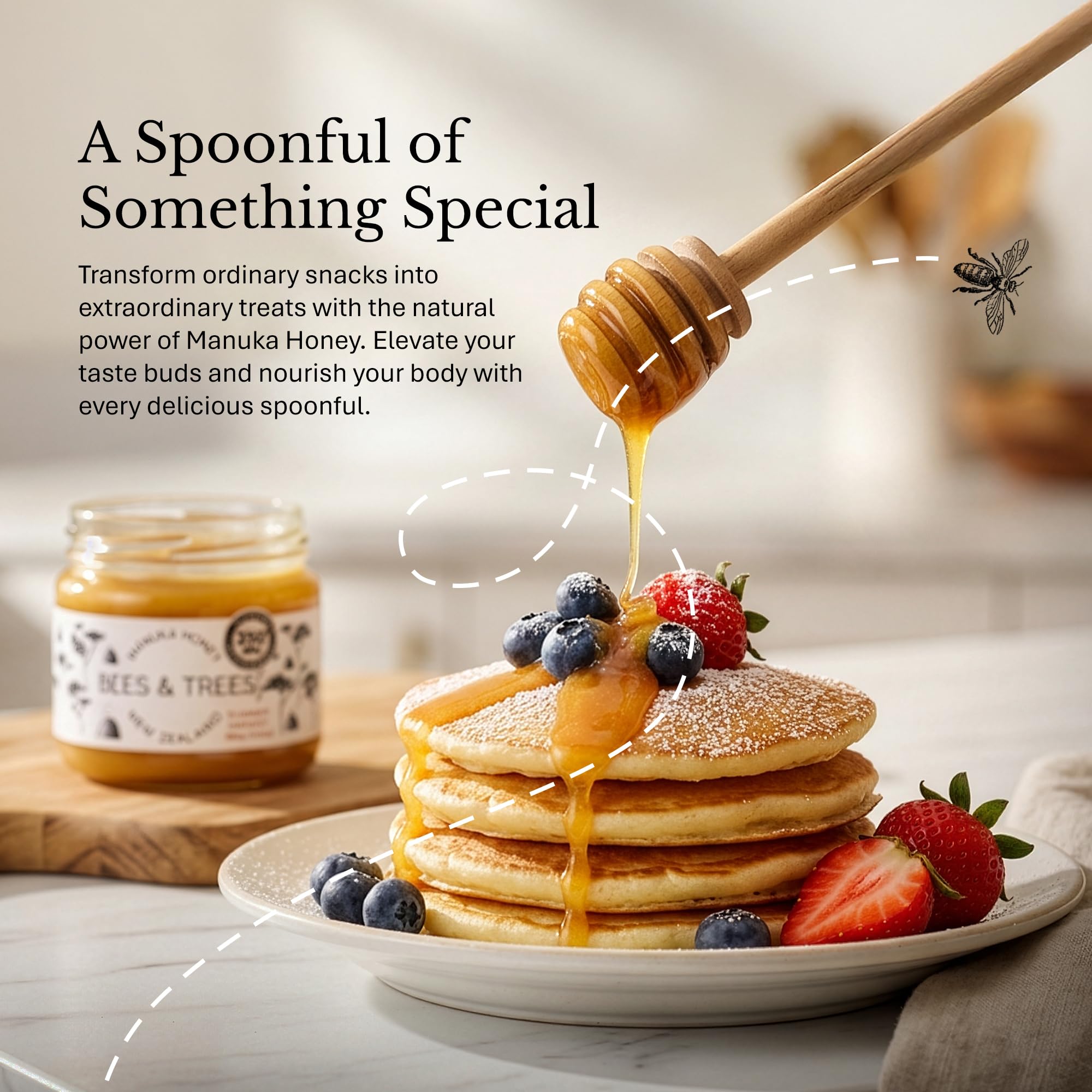 Bees & Trees Manuka Honey 350+ MGO monofloral bottle showcases premium single-origin flavor.