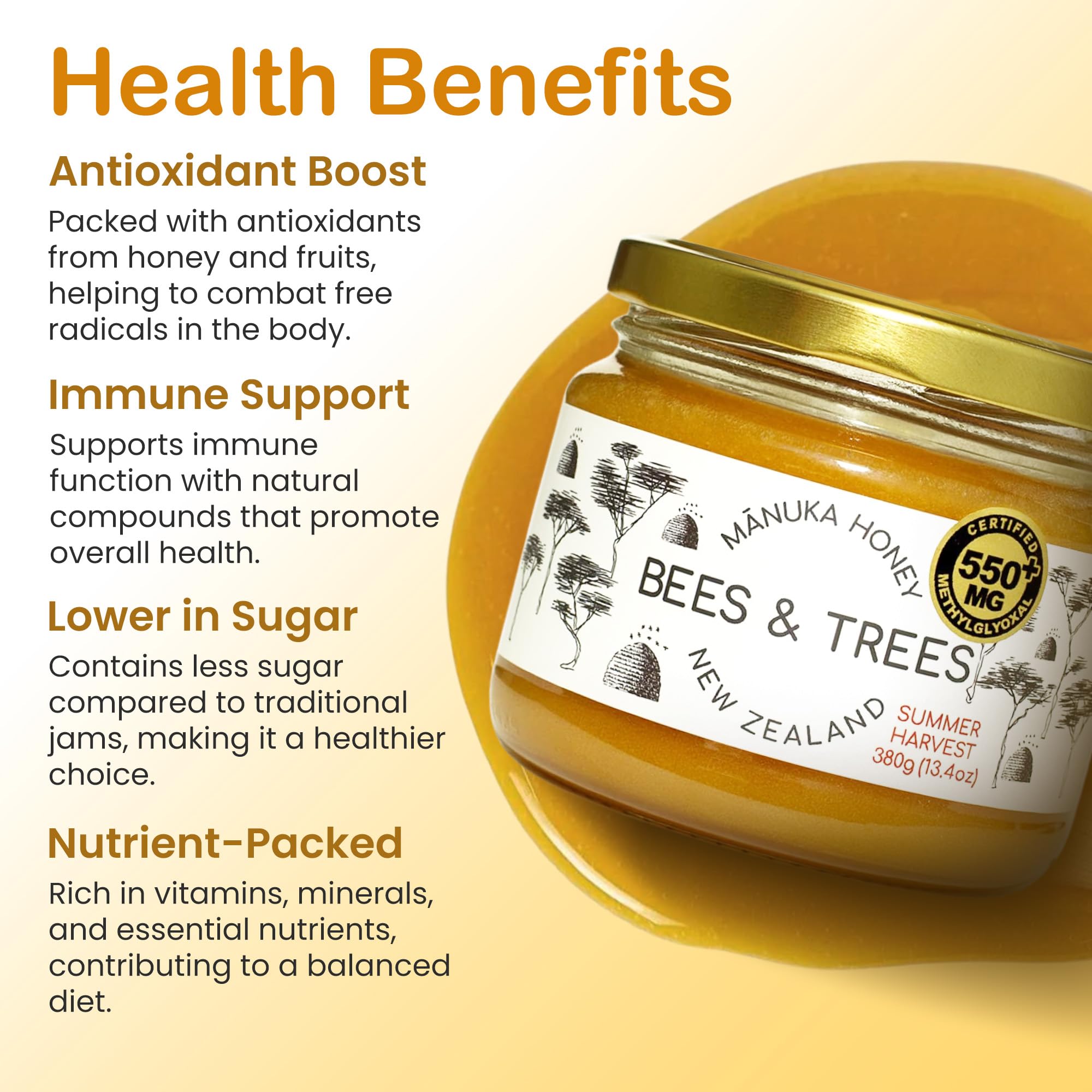 Bees & Trees Manuka honey mono-floral source for consistent flavor.