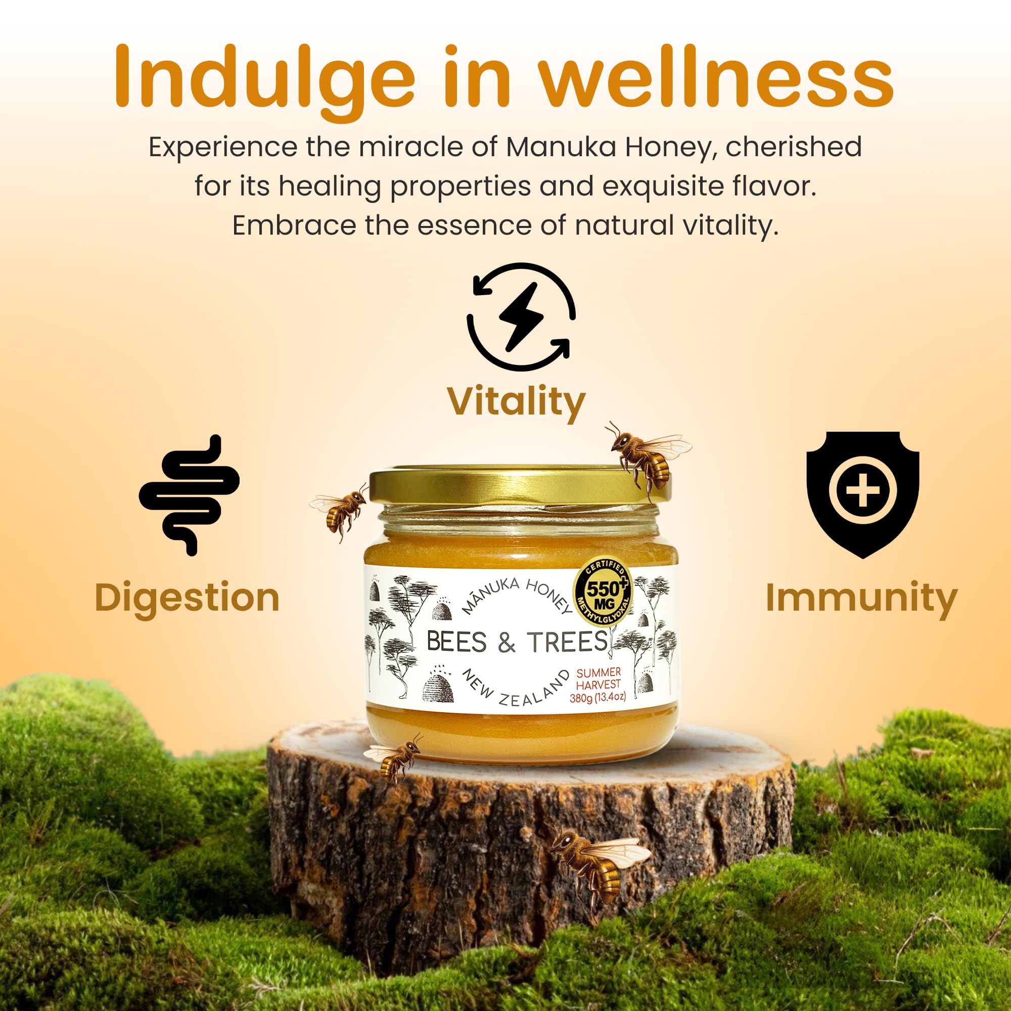 Bees & Trees Manuka honey bottle showing raw, unfiltered texture.