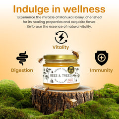 Bees & Trees Manuka honey bottle showing raw, unfiltered texture.