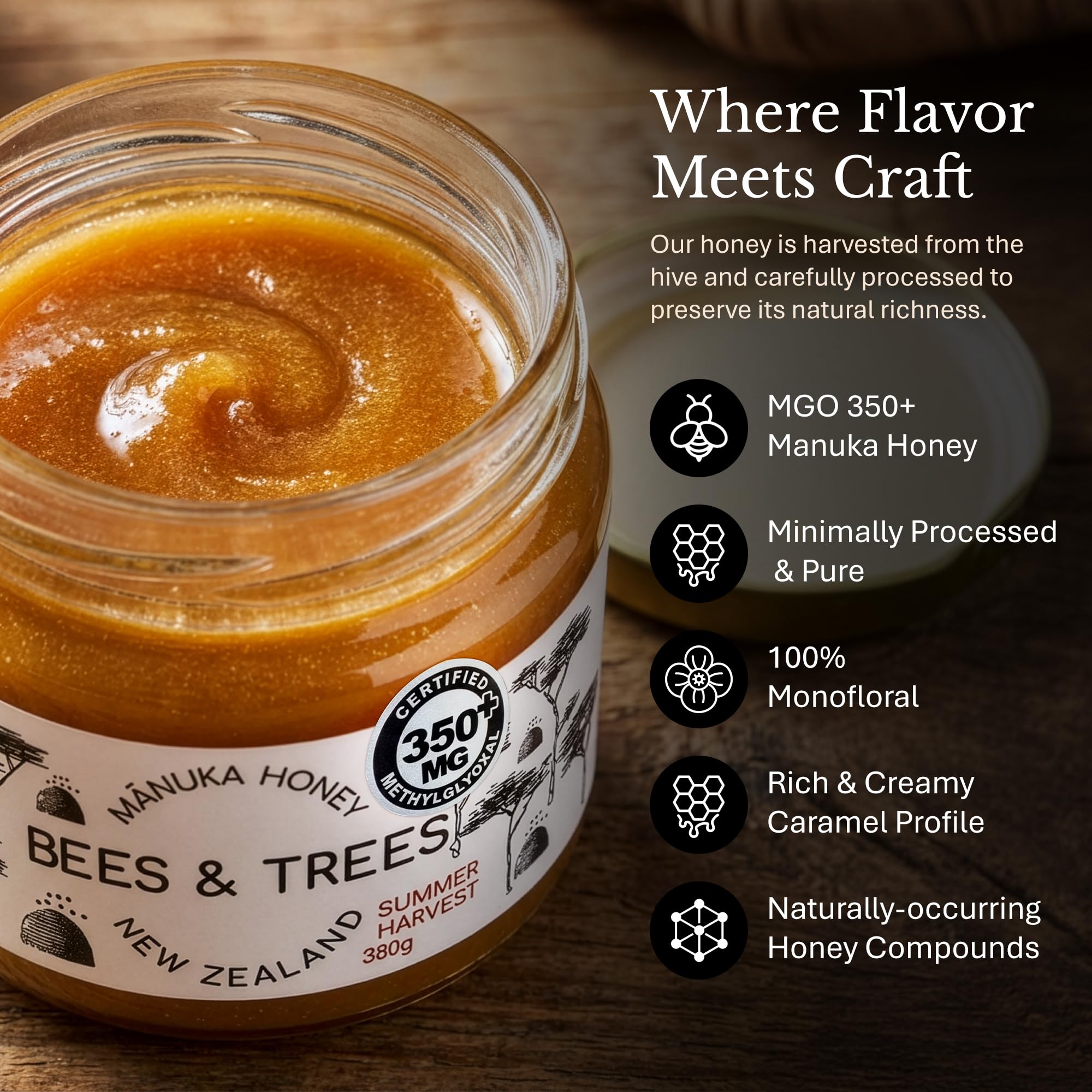 Bees & Trees Manuka Honey 350+ MGO drizzle on tea emphasizes natural sweetness.