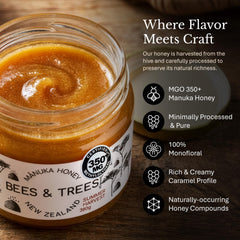 Bees & Trees Manuka Honey 350+ MGO drizzle on tea emphasizes natural sweetness.