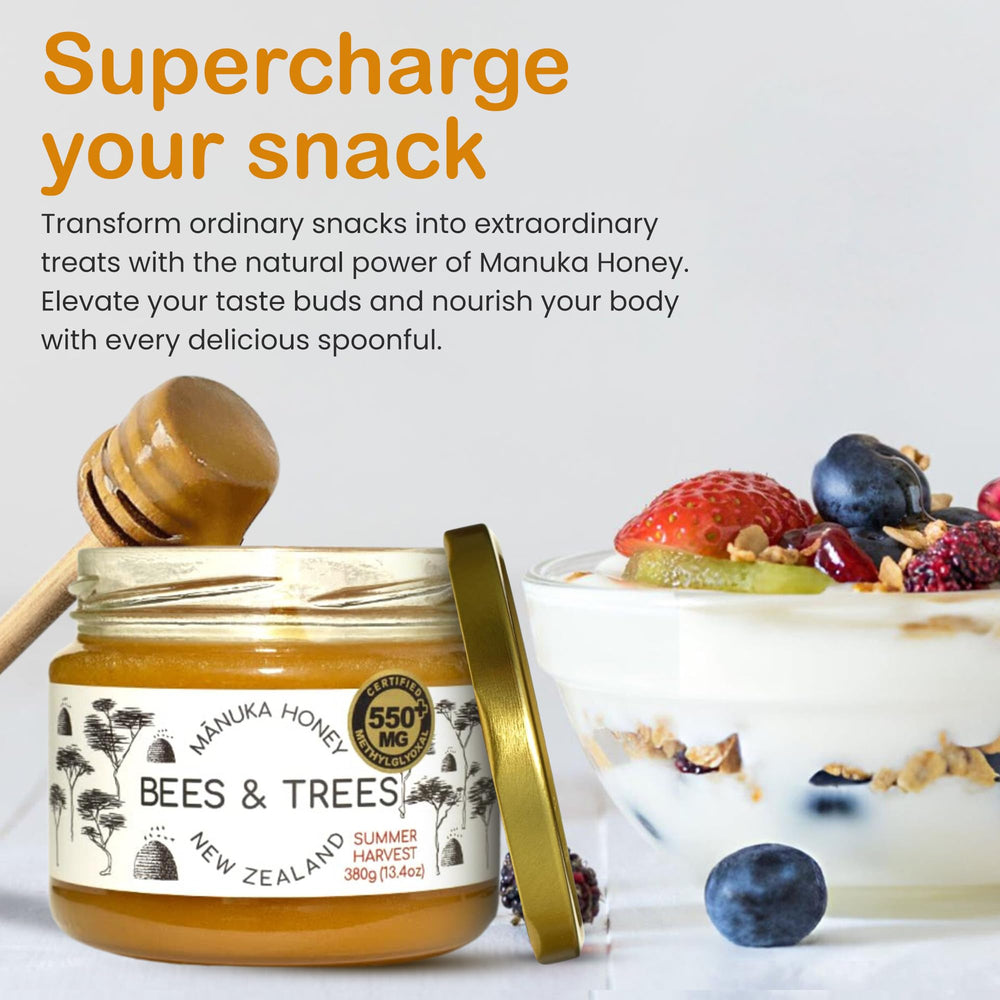Bees & Trees Manuka honey stirred into tea for natural sweetness.