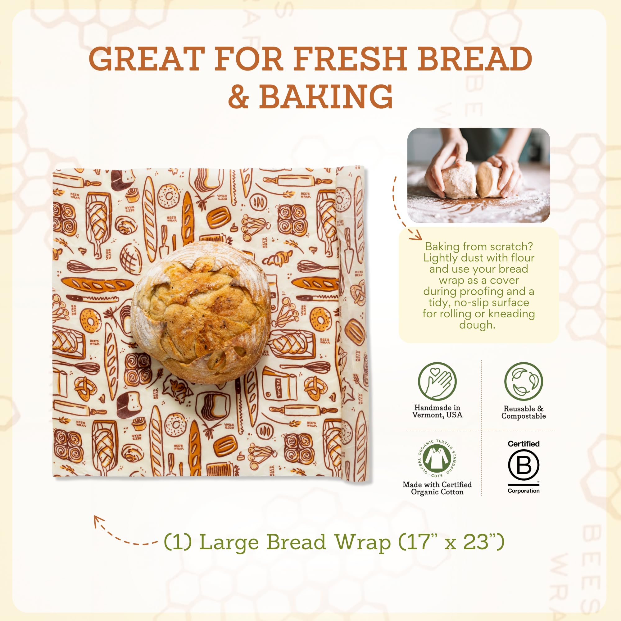 Bee's Wrap flour-print wrap stores bread while preserving texture and aroma.