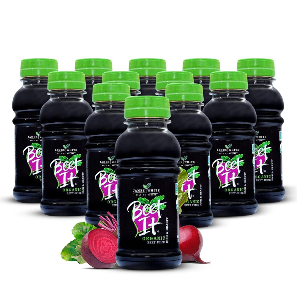 BEET IT organic beet juice bottle on counter, ideal breakfast boost