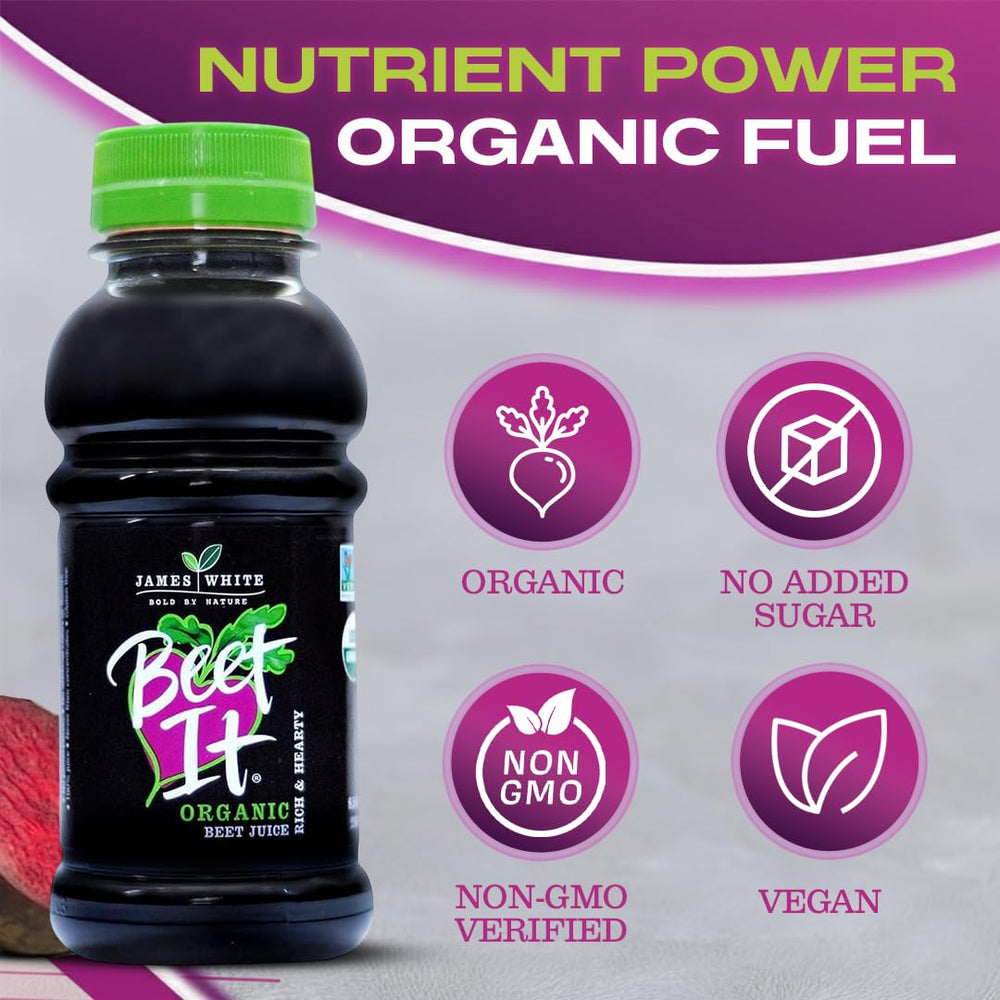 BEET IT organic beet juice in a glass highlighting smooth flavor