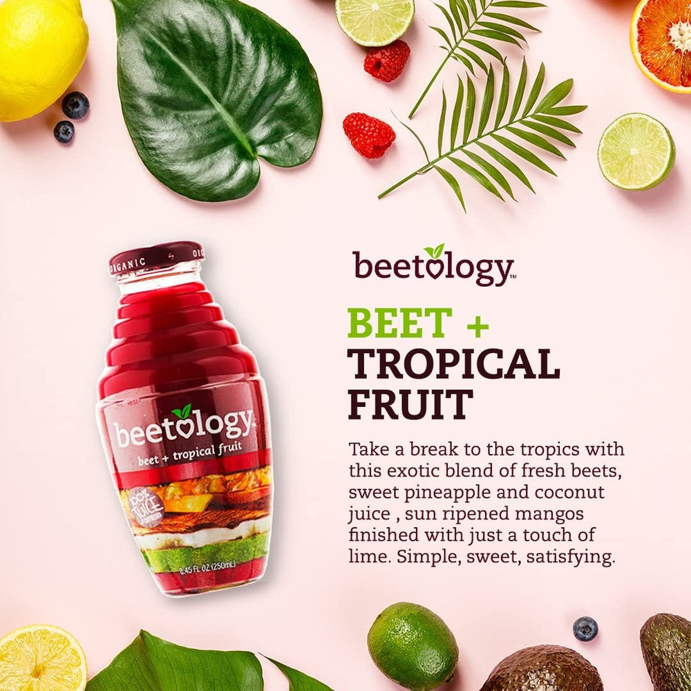 Beetology Tropical Juice label close-up highlights vibrant branding.