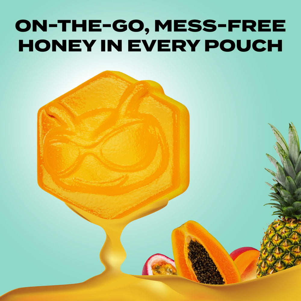 Close-up of honey drizzle on fruit in BEEUP, energy cue.
