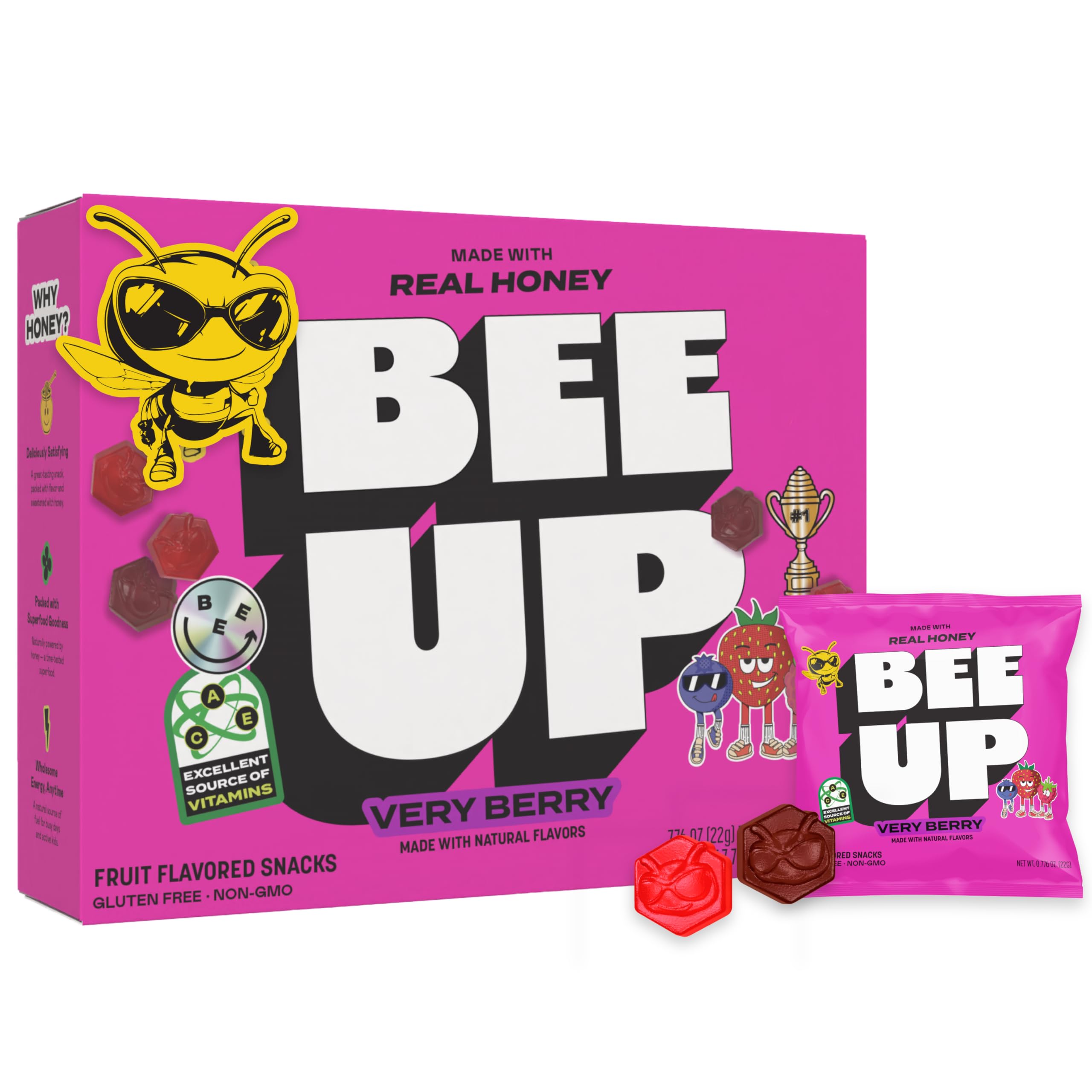 BeeUP Honey Fruit Snacks berry pack front, convenient school snack with real fruit flavors.