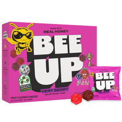 BeeUP Honey Fruit Snacks berry pack front, convenient school snack with real fruit flavors.