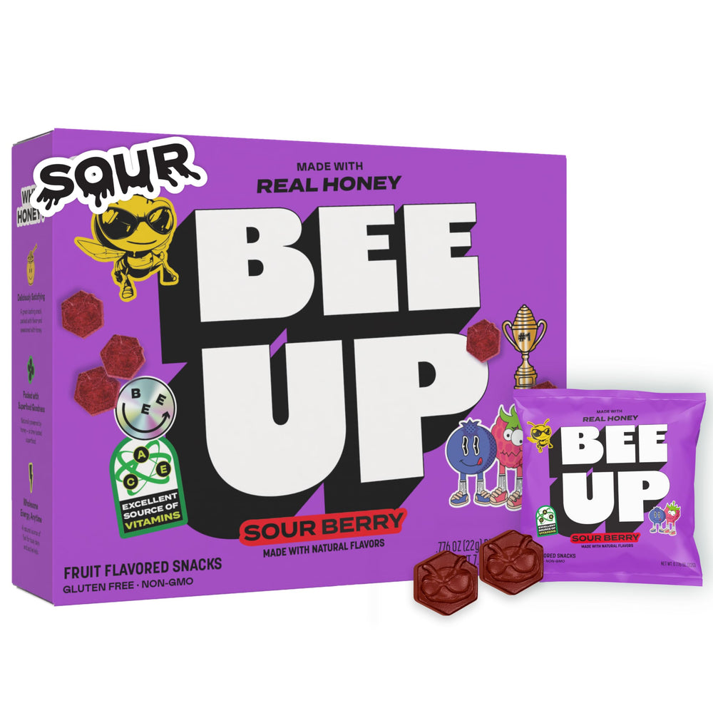 BeeUp Honey Fruit Snacks pack with individually wrapped pouches for convenient lunchbox snacking.