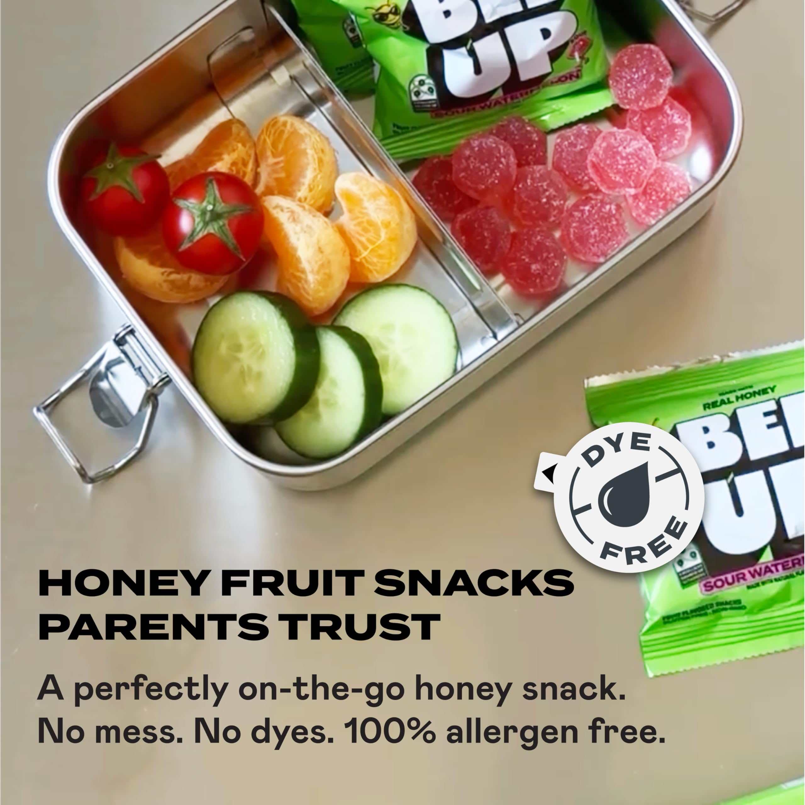 BeeUP individually wrapped pouches for mess-free snacking.