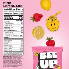 BEEUP Pink Lemonade pouches on display, portable energy for sports practice.