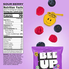 BeeUp Sour Berry pouch showing tart flavor and real fruit in a portable snack.