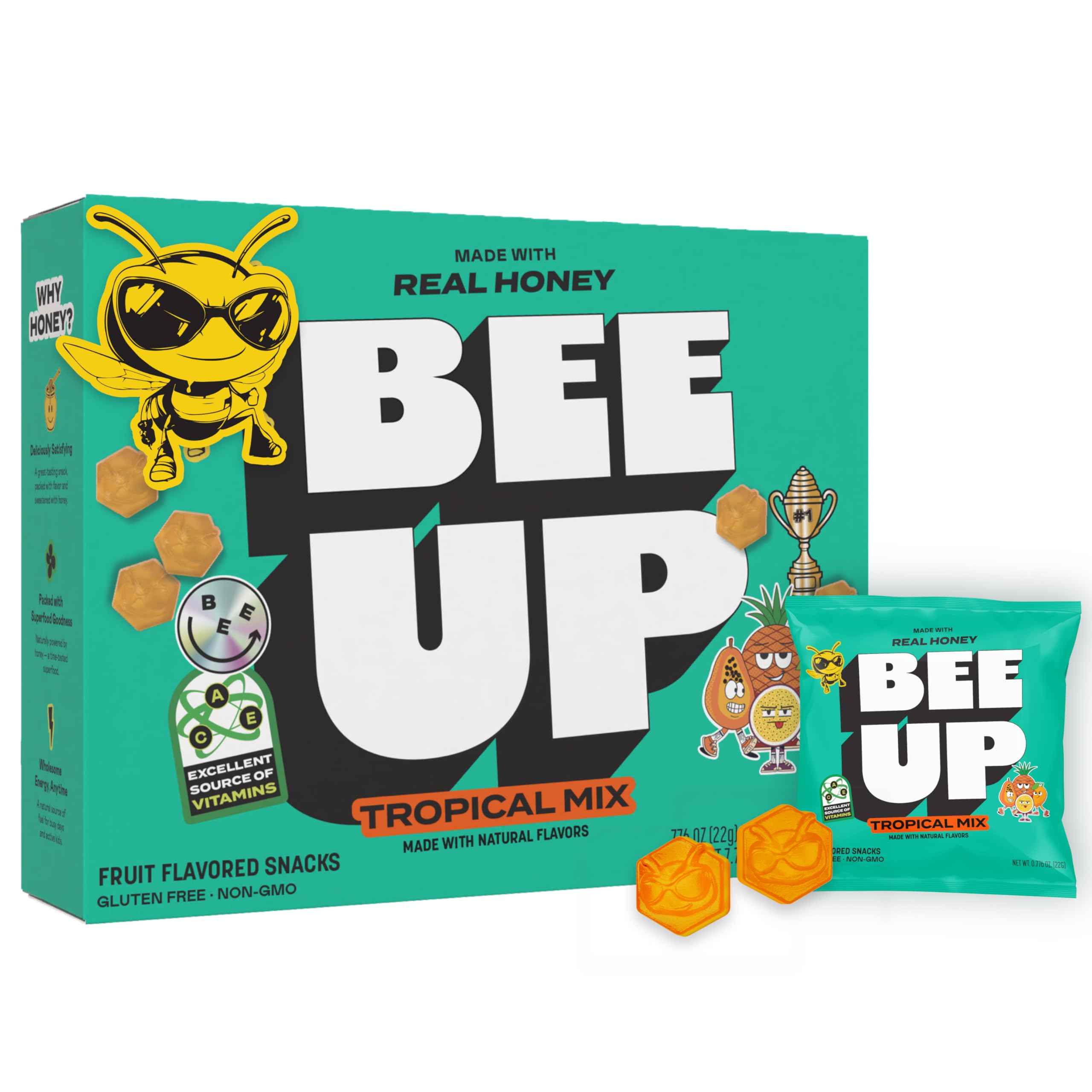 BeeUP Tropical Mix fruit snacks 10-pack front view for school lunches.