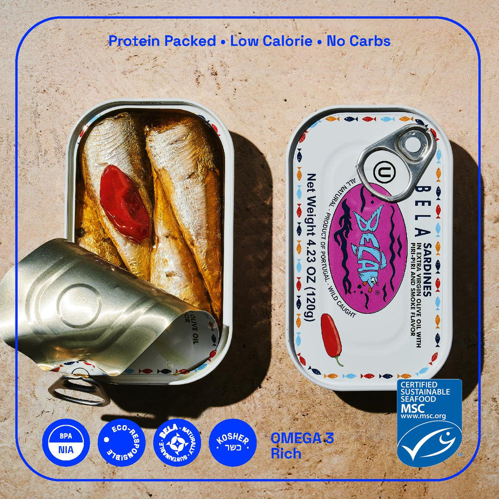 BELA sardines marinated in piri piri olive oil glaze, flavorful and versatile.