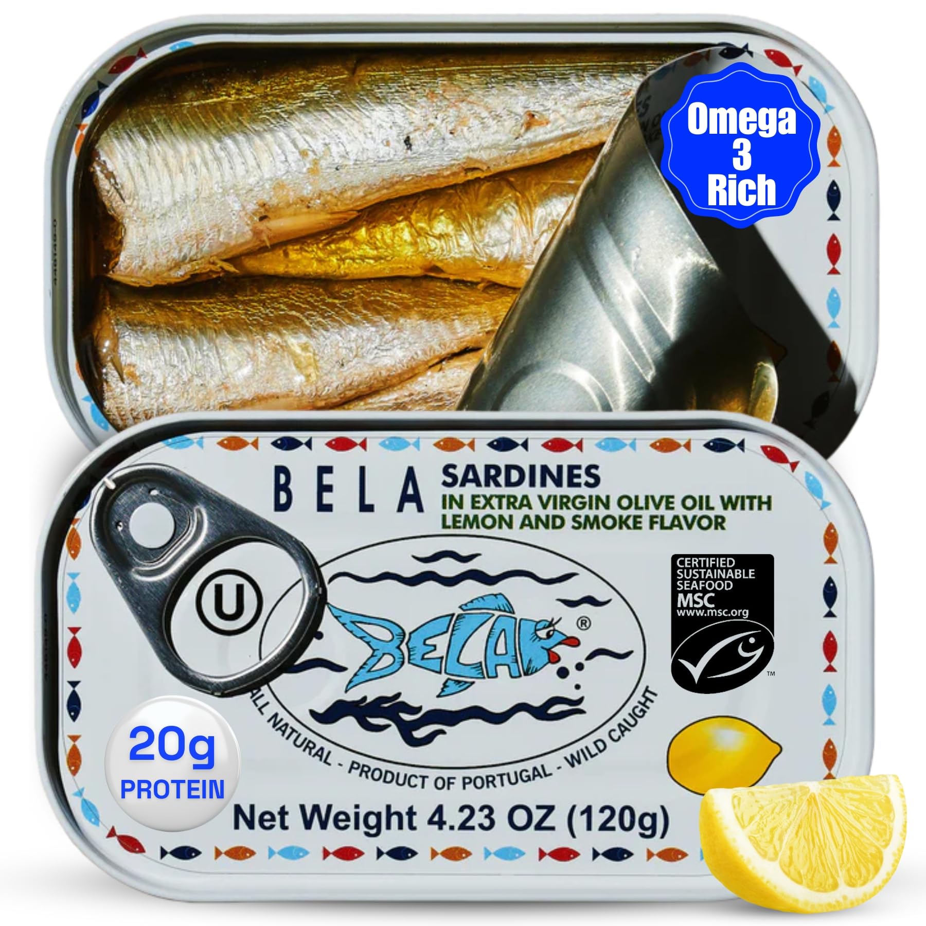 BELA wild caught sardines in lemon olive oil for a protein-rich snack.