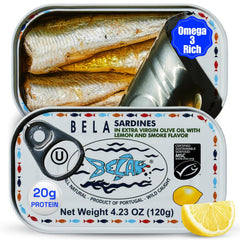 BELA wild caught sardines in lemon olive oil for a protein-rich snack.