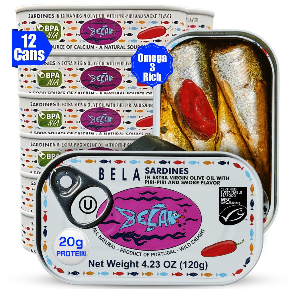 BELA wild-caught sardines in olive oil with piri piri—protein-rich, ready-to-eat in a can.
