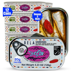 BELA wild-caught sardines in olive oil with piri piri—protein-rich, ready-to-eat in a can.