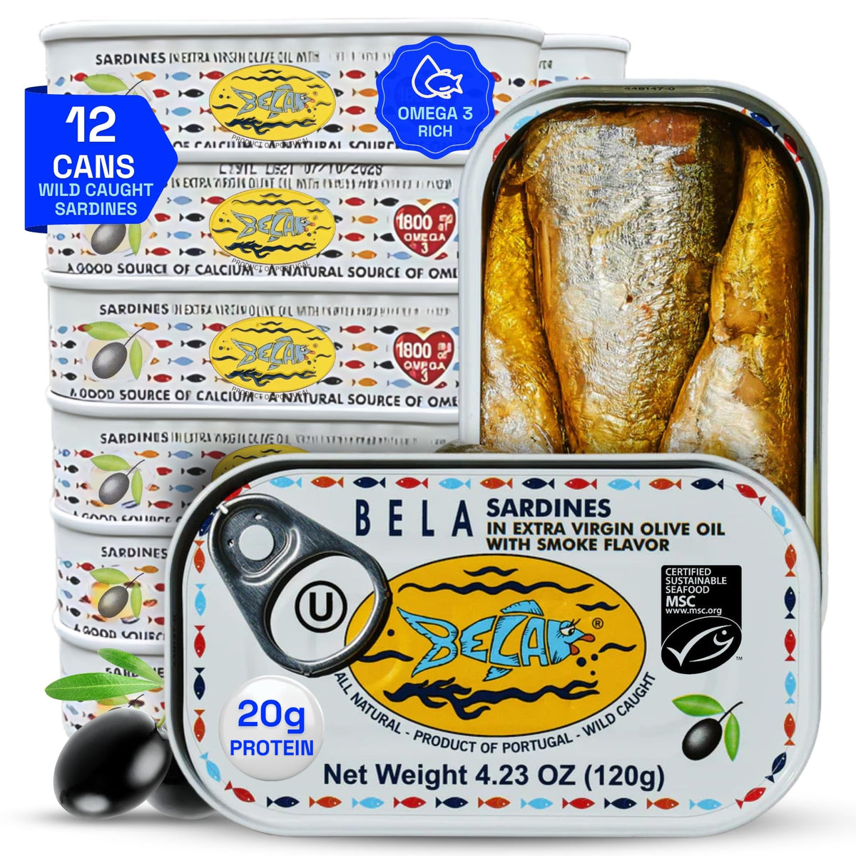 BELA wild-caught sardines in a 12-pack, protein-rich pantry staple.