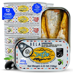 BELA wild-caught sardines in a 12-pack, protein-rich pantry staple.