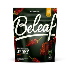 BE LEAF spicy jerky package open, convenient vegan protein for on-the-go snacking.