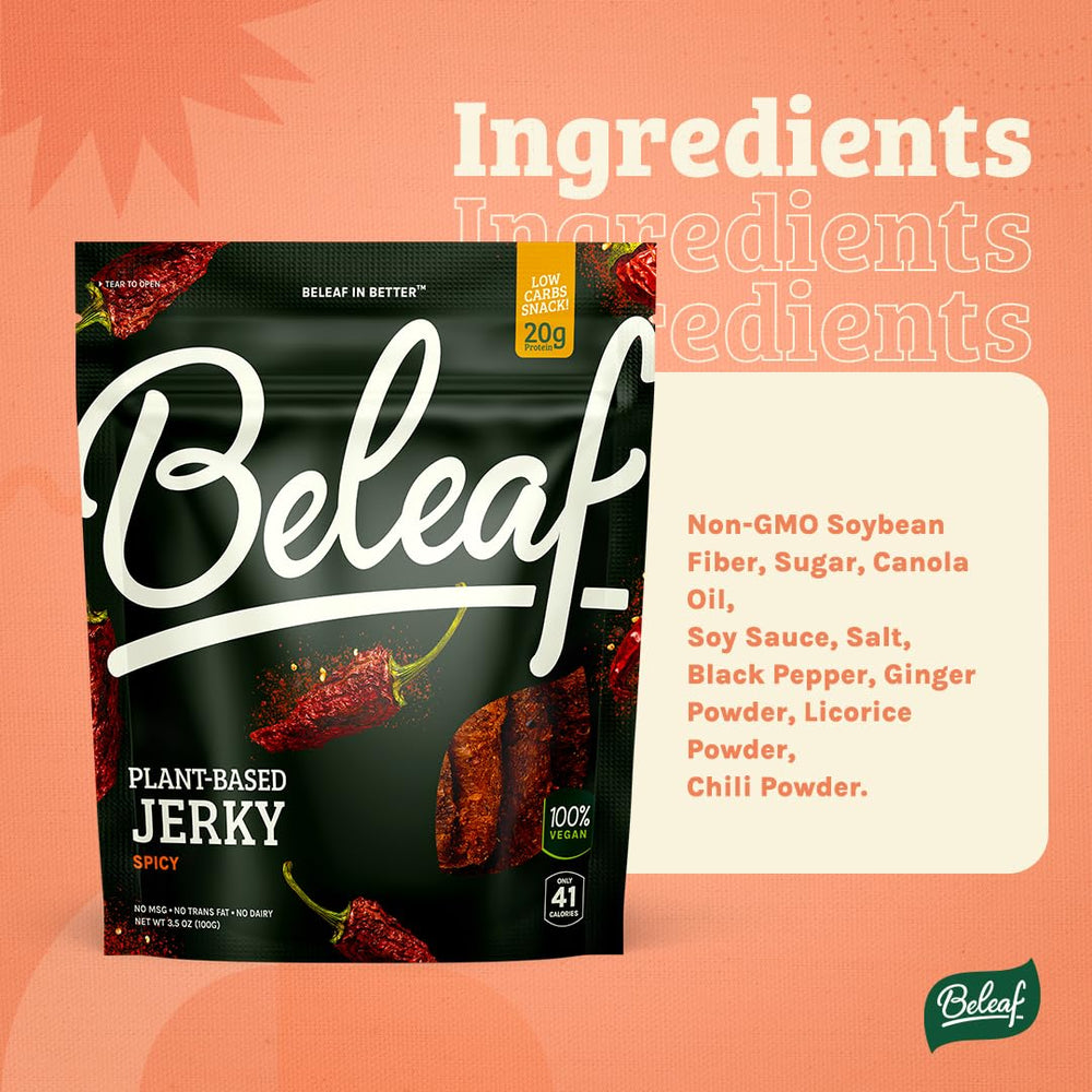 BE LEAF spicy jerky texture close-up shows a chewy bite.