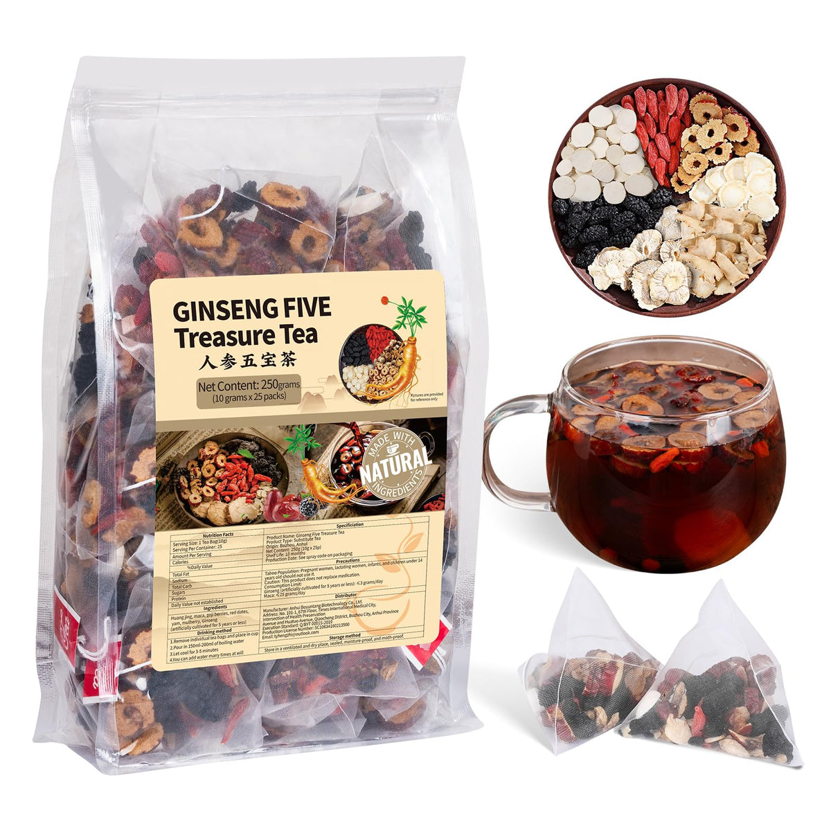 BeleePlanner Ginseng Five Treasures Tea pack, balanced wellness and vitality.