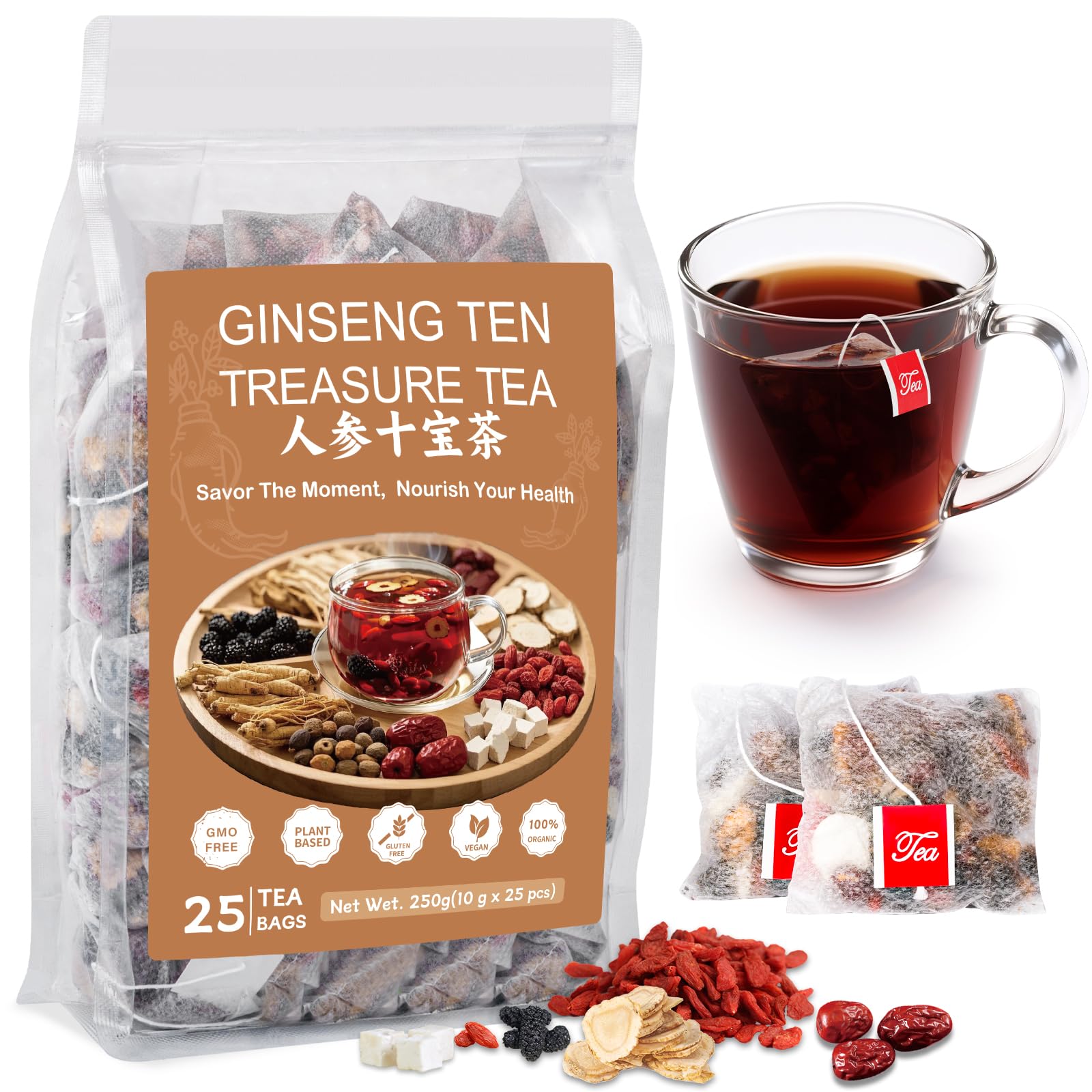 BeleePlanner Ginseng Ten Treasure Tea packaging highlights premium herbal blend for daily vitality.
