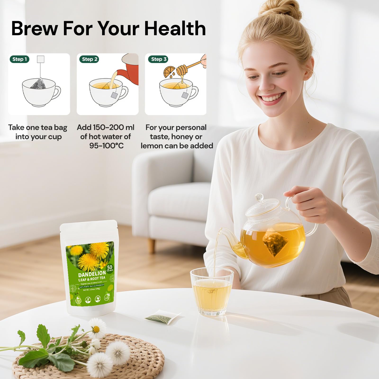 BeleePlanner packaging with 50 tea bags, a convenient caffeine-free option.