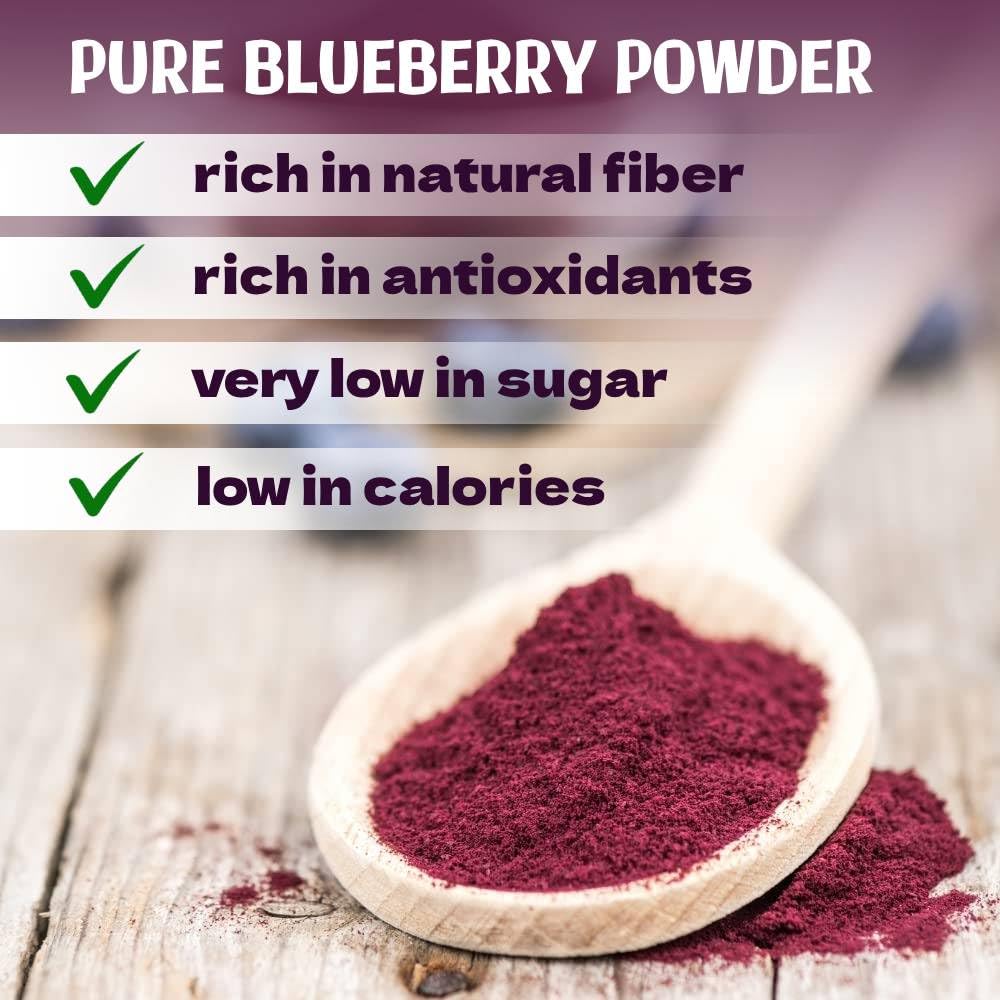 Beleon Blueberry Powder jar pouring into a smoothie for natural color and flavor.