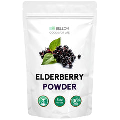 Beleon Elderberry Powder 8 oz container ready for smoothies and baking, antioxidant-rich.
