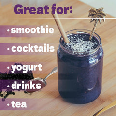 Beleon Elderberry Powder being poured into juice for an antioxidant boost.