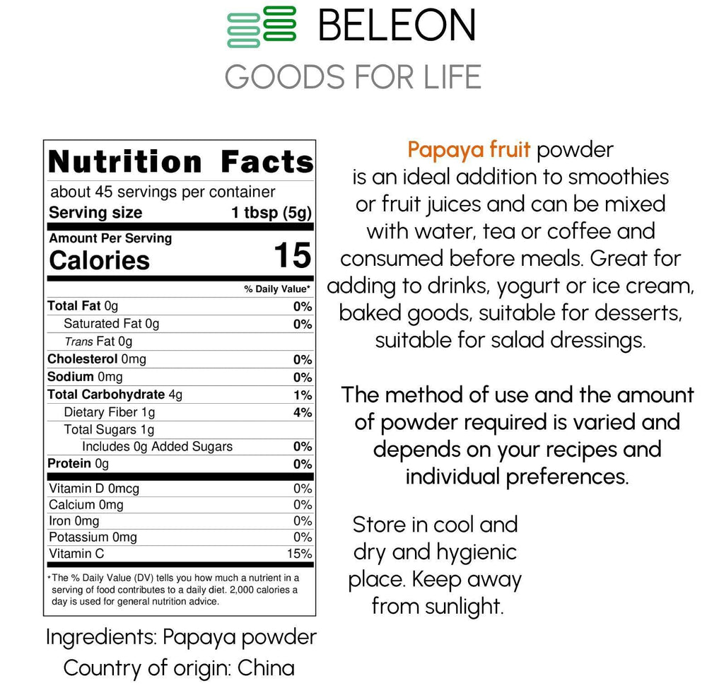 Beleon Papaya Pure Powder scoop for precise measuring in smoothies.