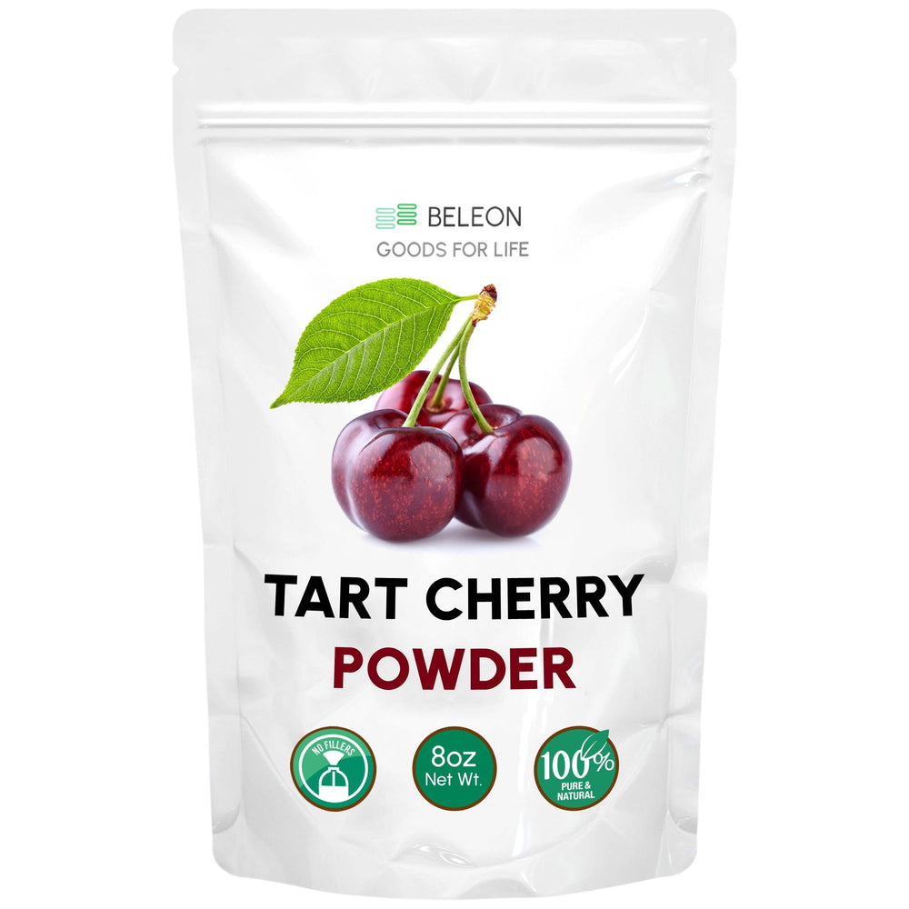 Beleon Tart Cherry Powder bottle showcases antioxidant-rich ingredient for smoothies