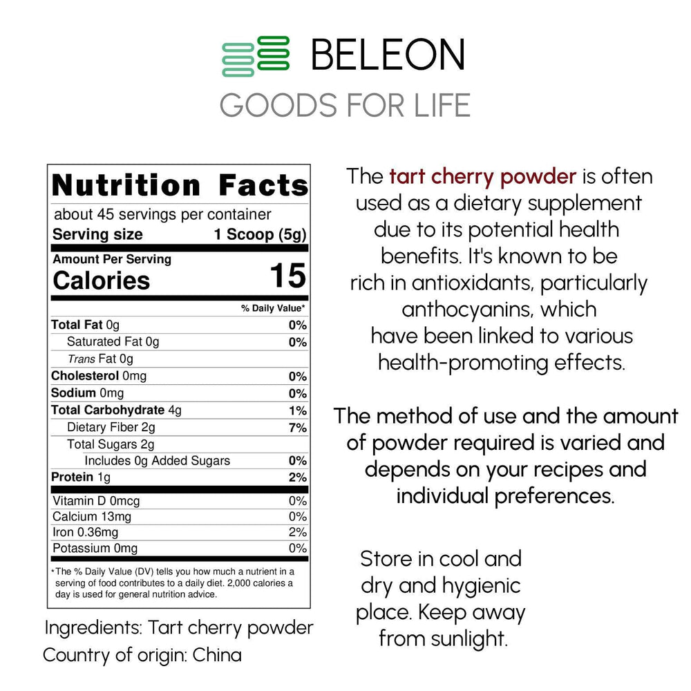 Beleon Tart Cherry Powder jar close-up highlights clean, all-natural ingredients