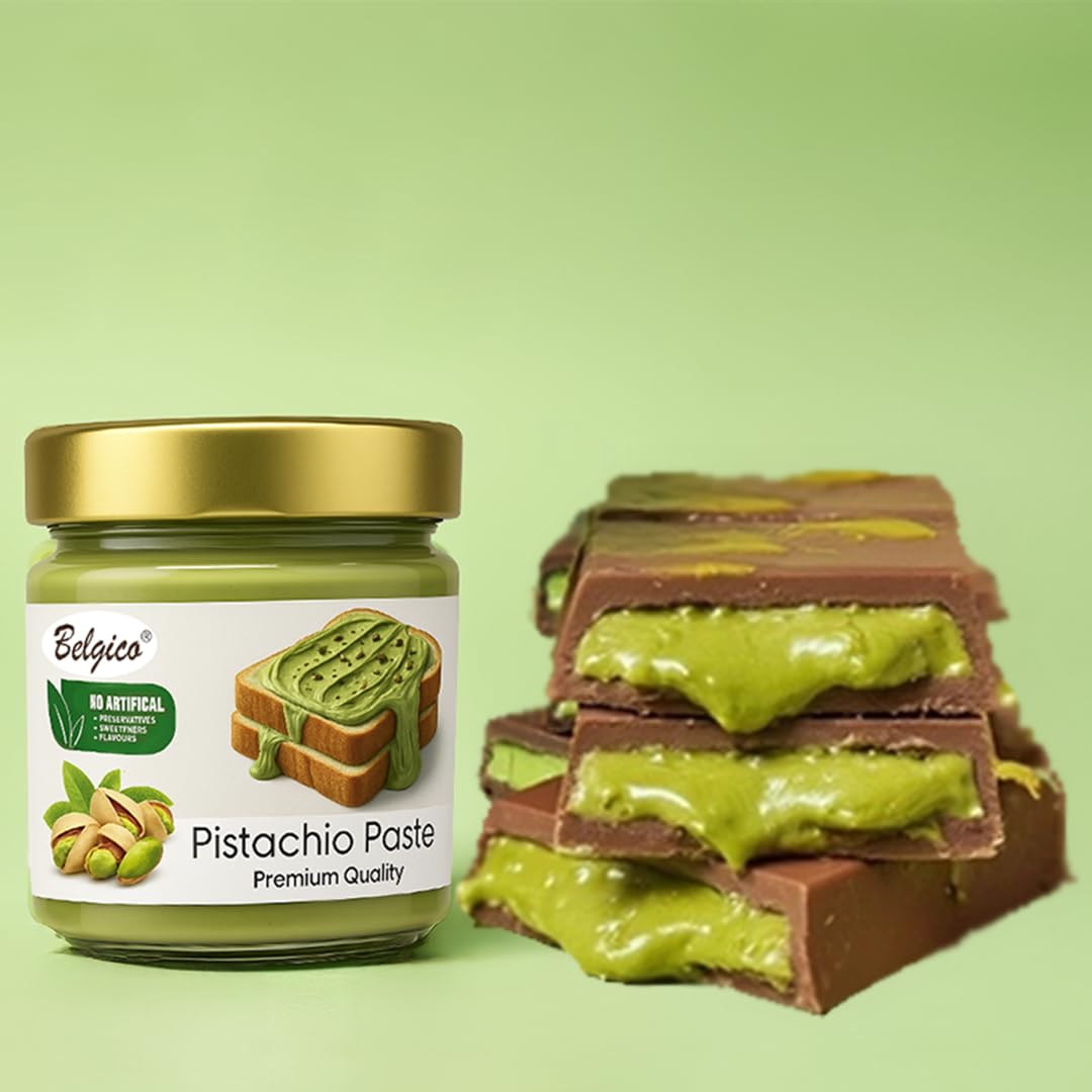 Belgico pistachio cream spread spoon-dipping fruit snack.
