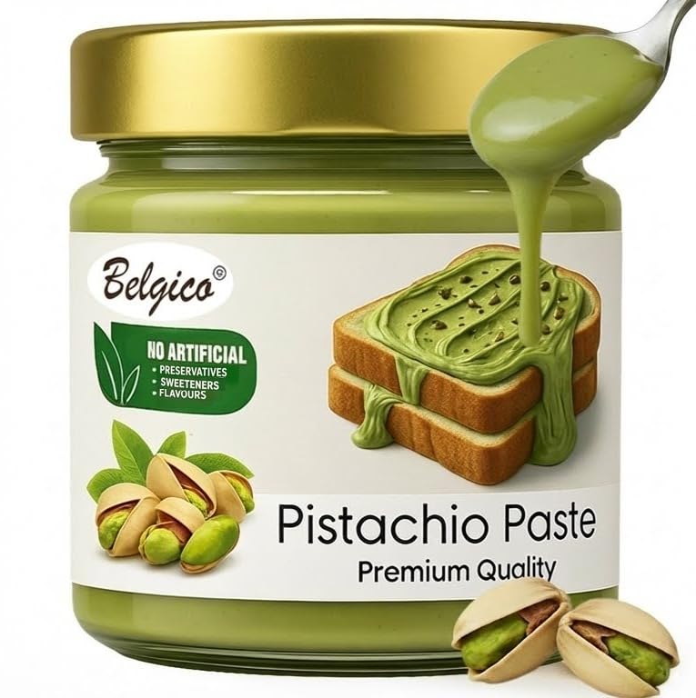 Belgico pistachio cream spread jar for toast and dip.