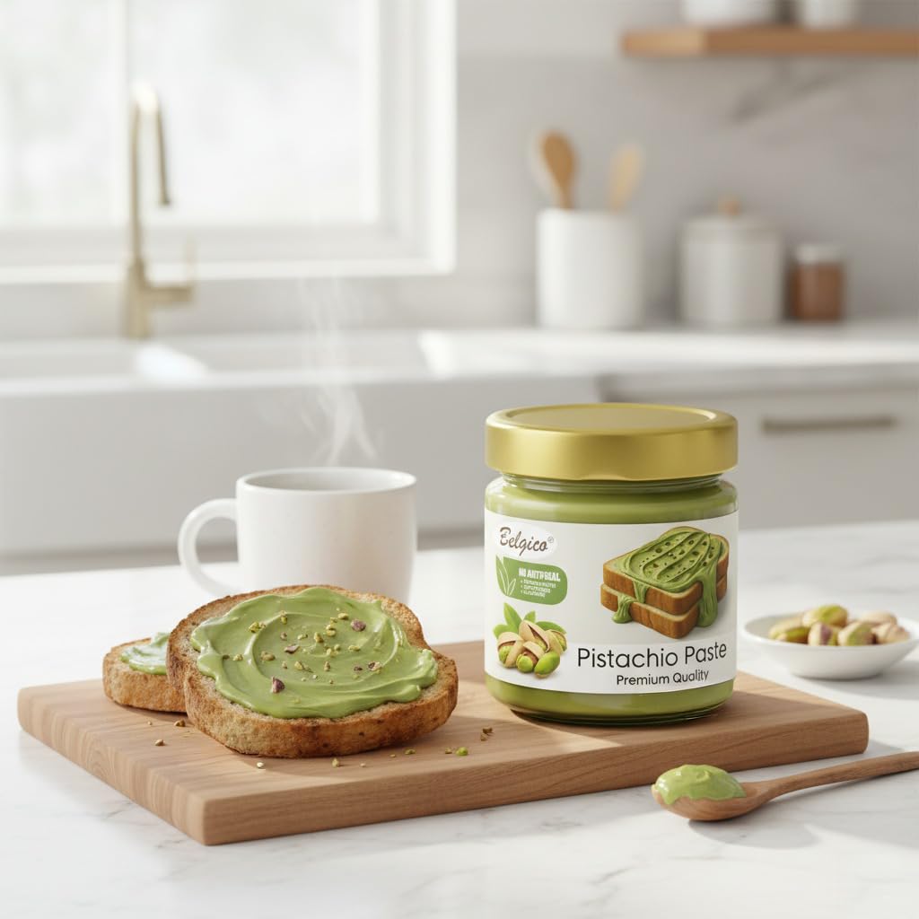 Belgico pistachio cream spread room-temperature ready for drizzle.