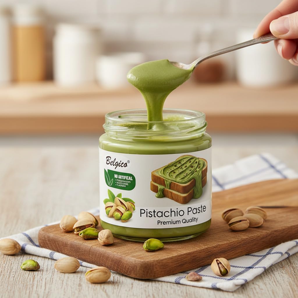 Belgico pistachio cream spread smooth texture close-up.
