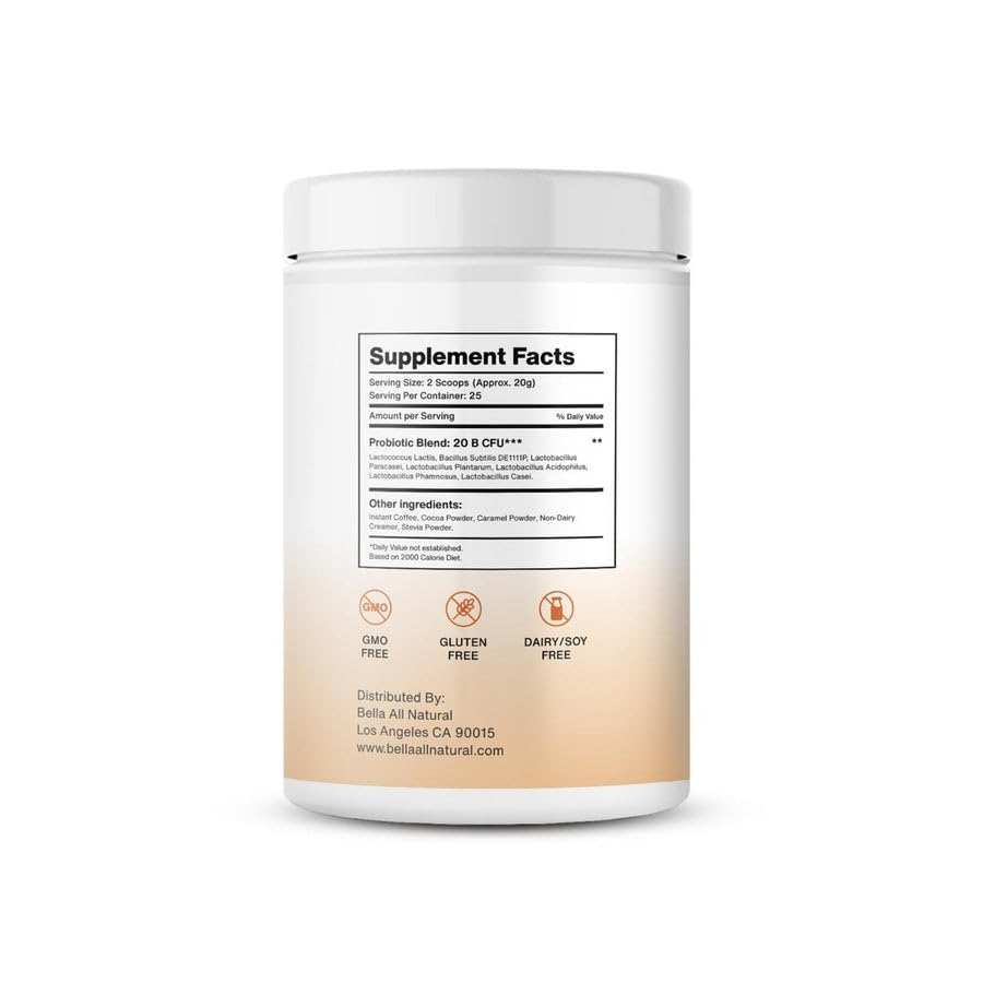 Scoop-dispense action for convenient probiotic caramel mocha