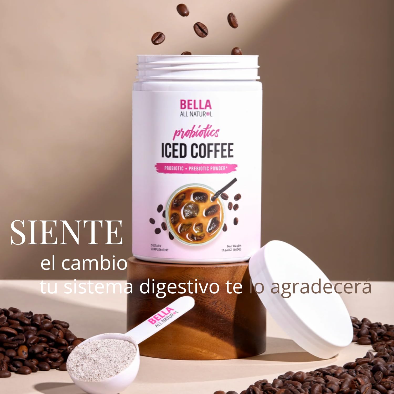 Bella All Natural Probiotic Iced Coffee milk option image suggests versatility