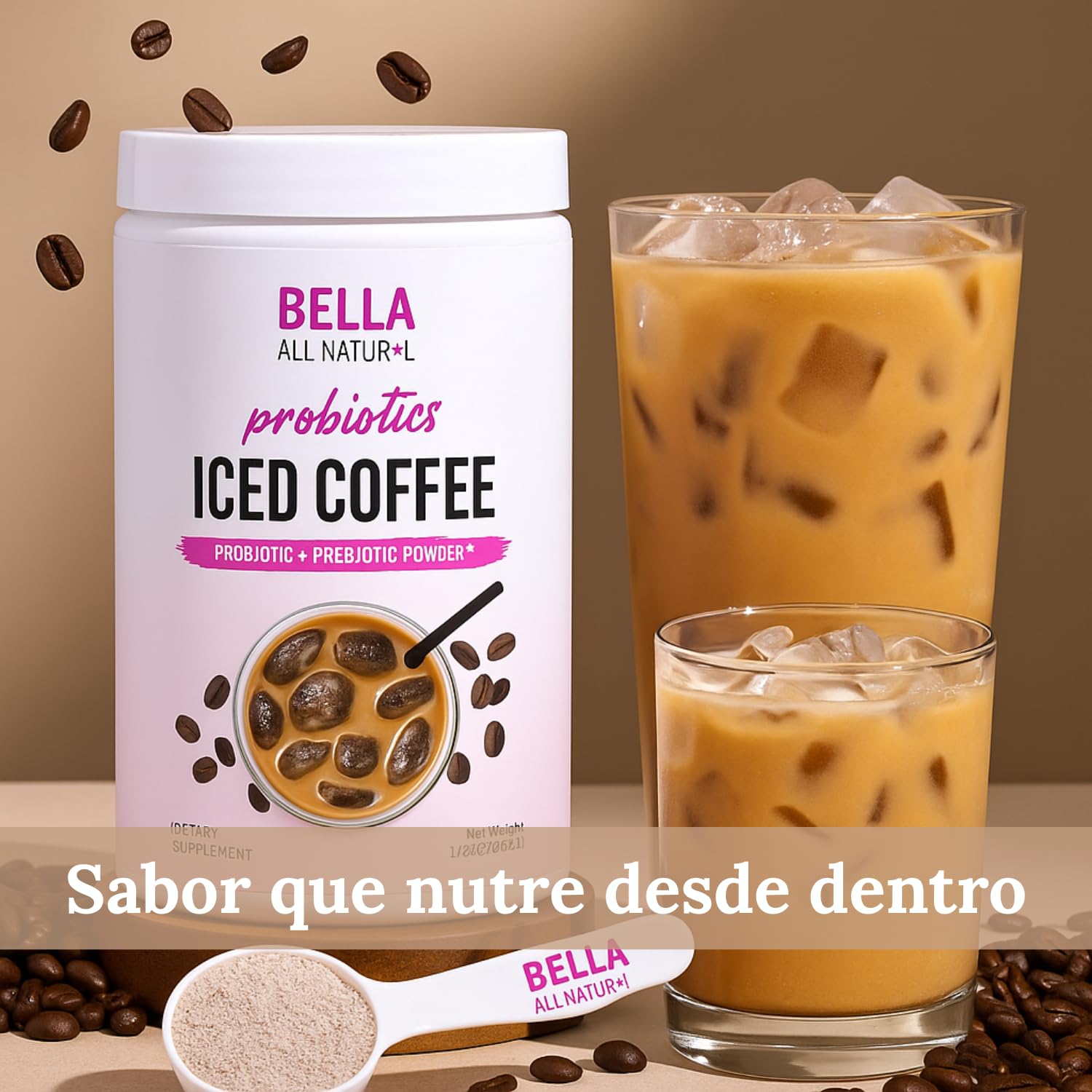 Bella All Natural Probiotic Iced Coffee packaging conveys premium branding