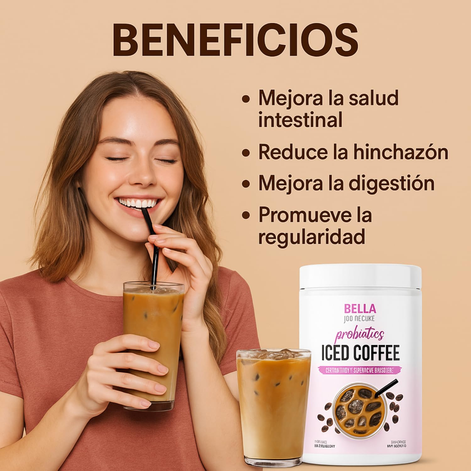 Bella All Natural Probiotic Iced Coffee splash emphasizes bold aroma and cool finish