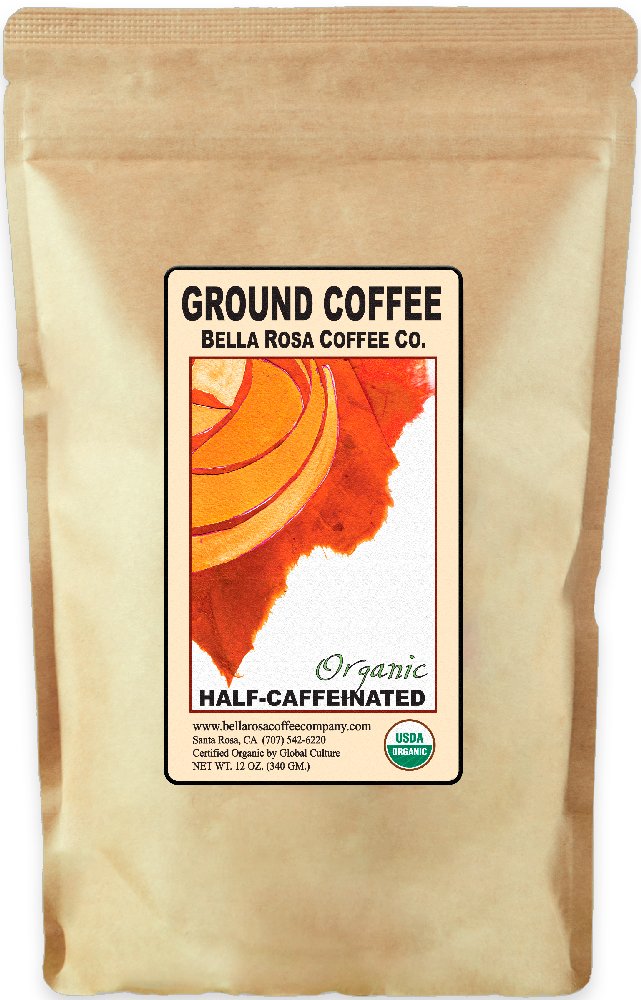 Bella Rosa Organic Half-Caff ground bag offering a smooth, low-acid morning option.