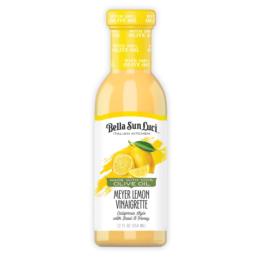 Bella Sun Luci Meyer Lemon Vinaigrette bottle shows pure olive oil for vibrant salads